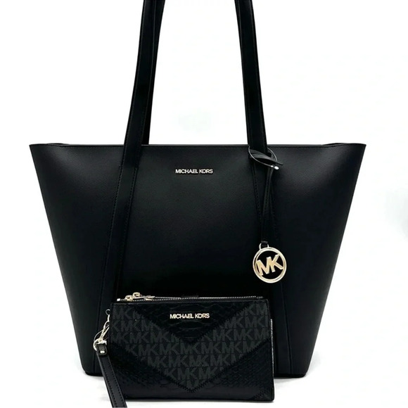 Michael Kors Pratt Large Signature Logo Tote Bag & Double Zip Wallet Black (NWT) - Picture 1 of 14